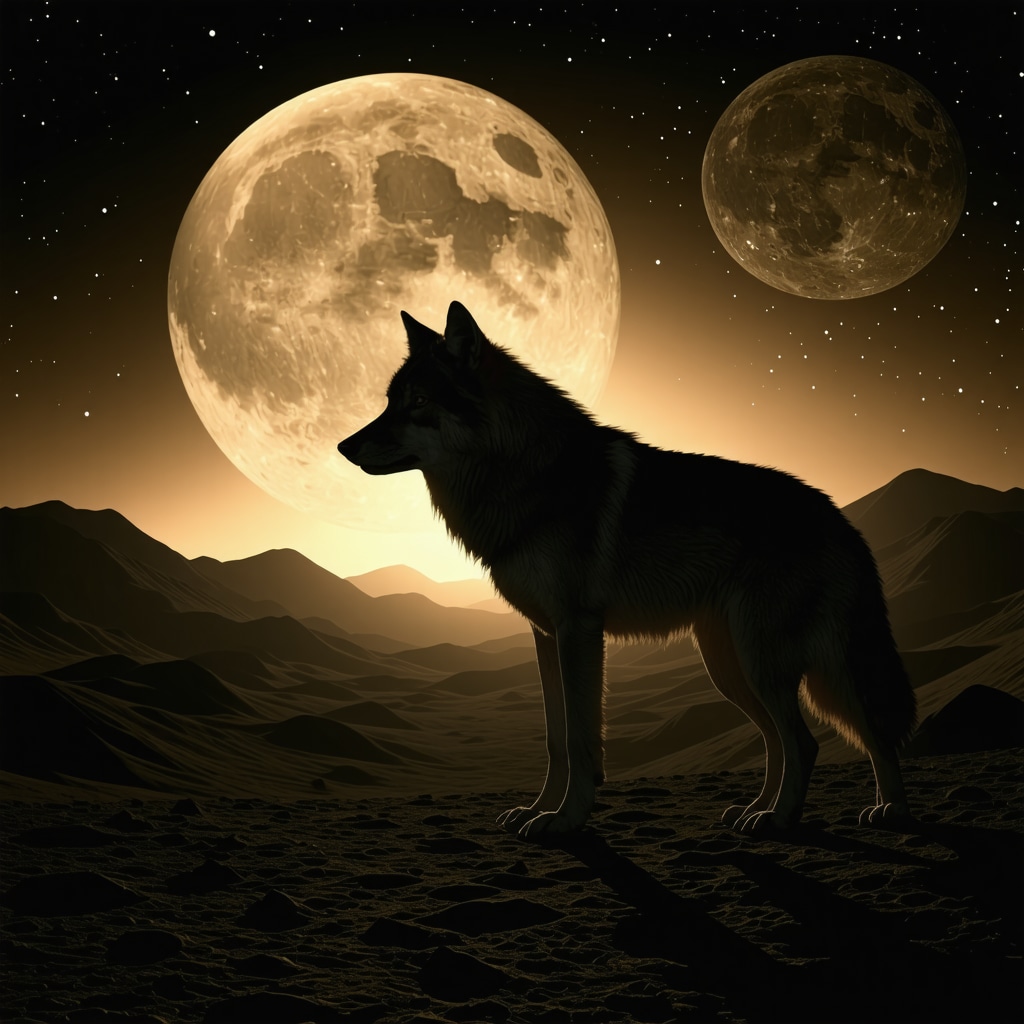 Wolf silhouette under moonlight with Islamic geometric patterns symbolizing dream interpretation and spirituality