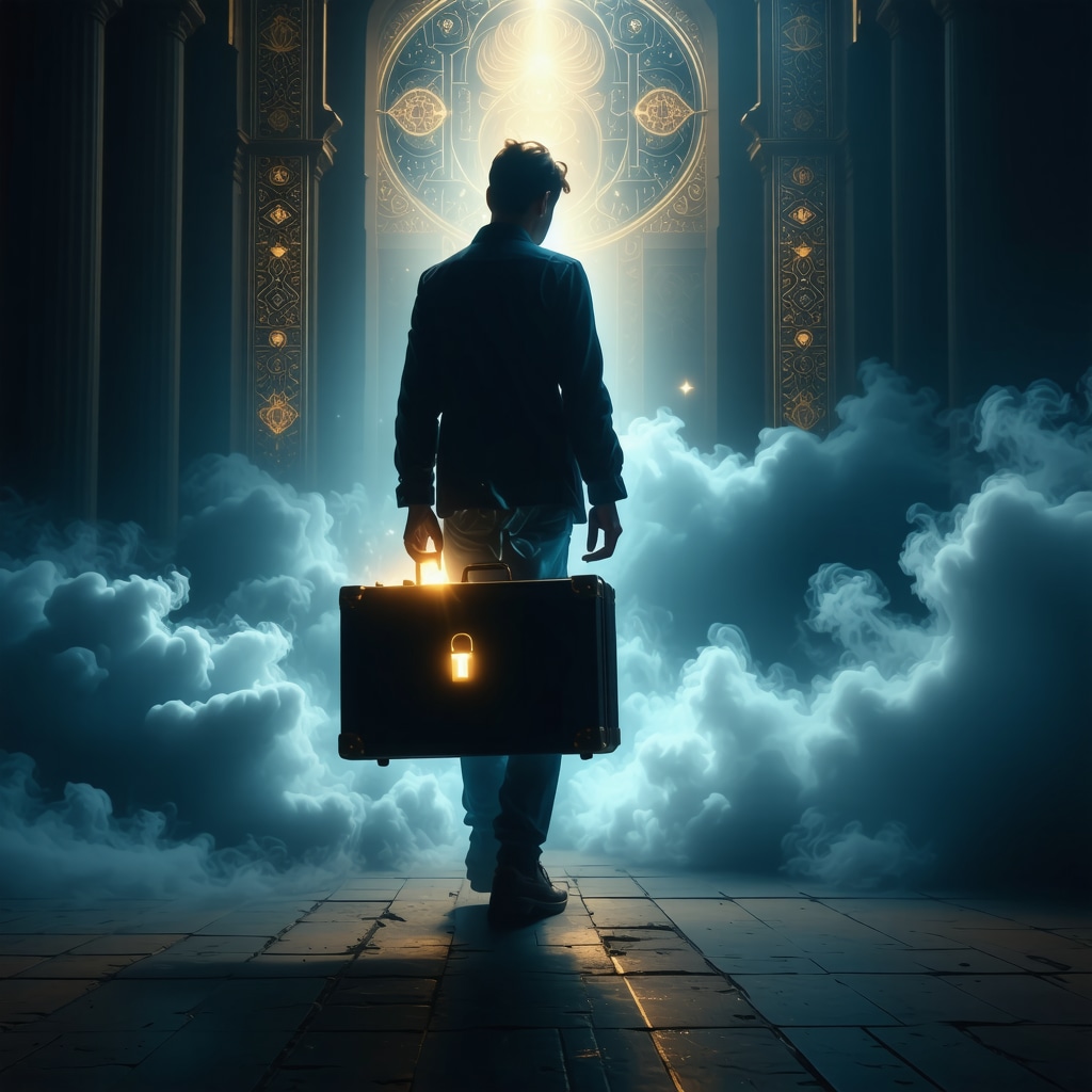 Dream illustration of a traveler holding a glowing locked suitcase with Islamic geometric patterns in background