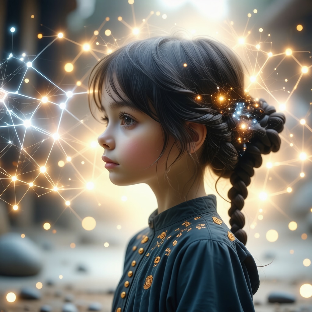 Illustration combining a female child dream with Islamic spiritual symbols and brain neural network imagery