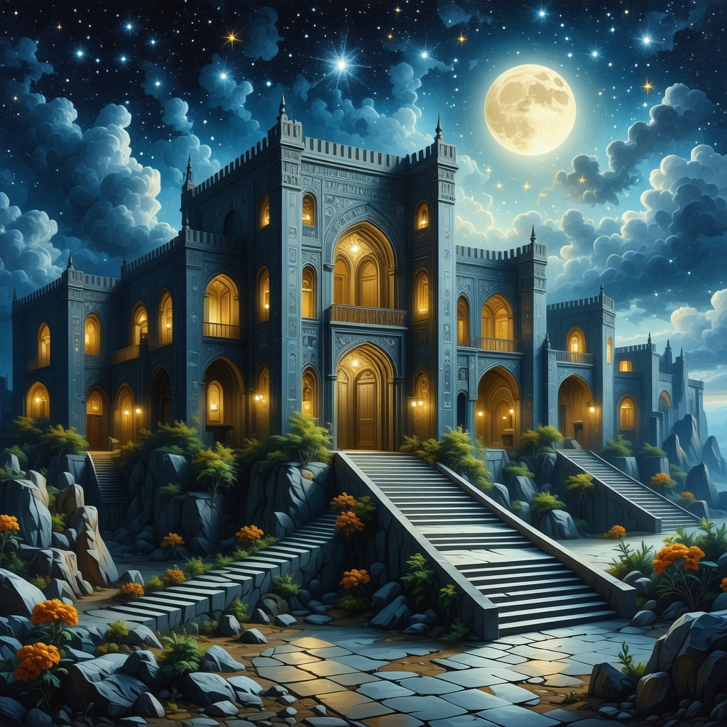 Islamic dreamscape featuring a house with open windows, staircases, and courtyards illuminated at night symbolizing spiritual growth