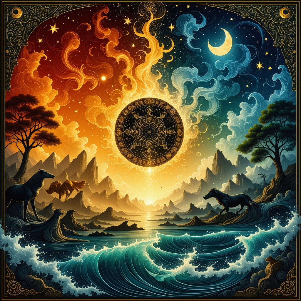 Illustration of fire interacting with water and animals symbolizing spiritual balance in Islamic dream interpretation
