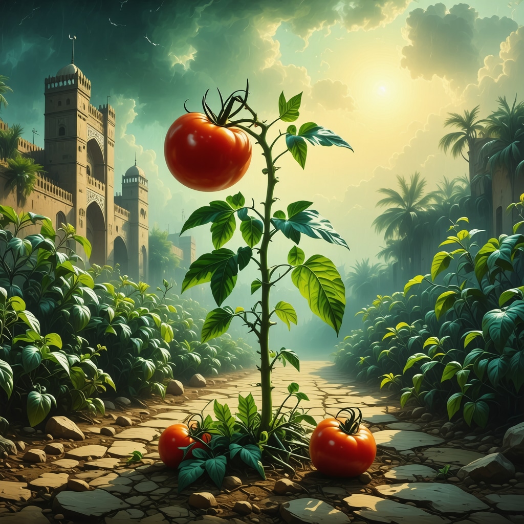 Lush tomato plant in a traditional garden with celestial light symbolizing spiritual growth
