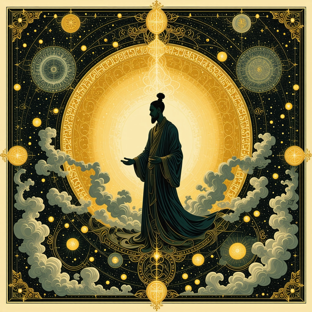 Mystical figure of Sejtan in human form with Islamic calligraphy and psychological symbols