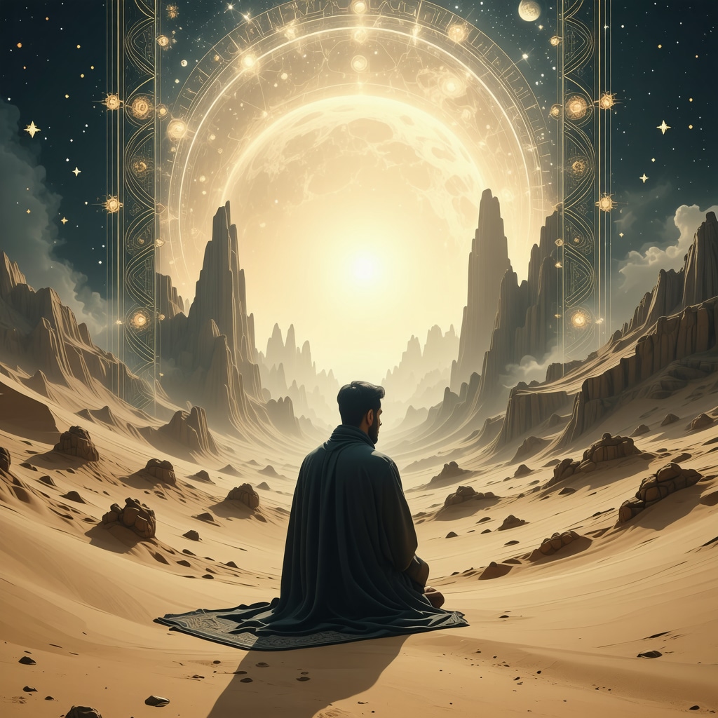An artistic representation of an unknown man in a dream with Islamic spiritual motifs