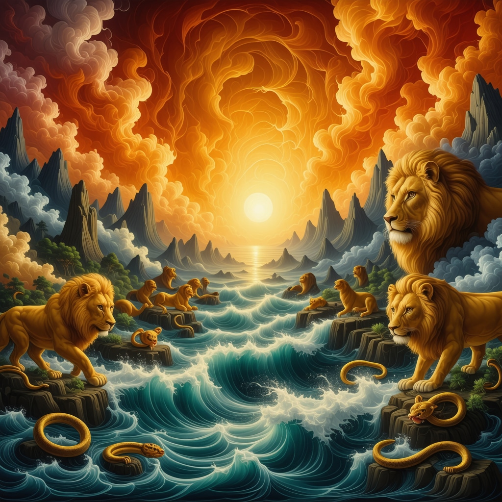 Dreamscape showing fire, water, lion, and snake symbolizing complex Islamic dream meanings