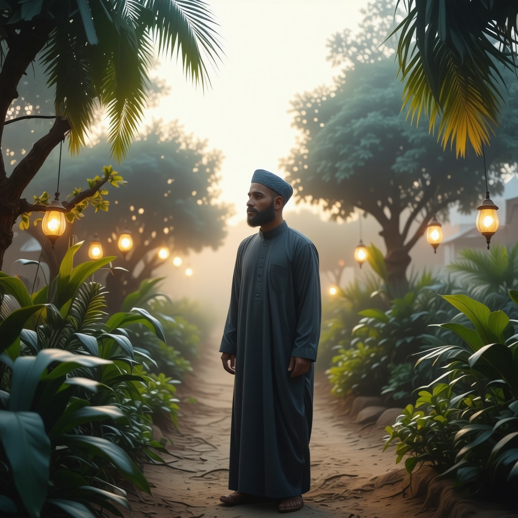 Ethereal figure of an unknown man in Islamic attire standing in a glowing garden at twilight
