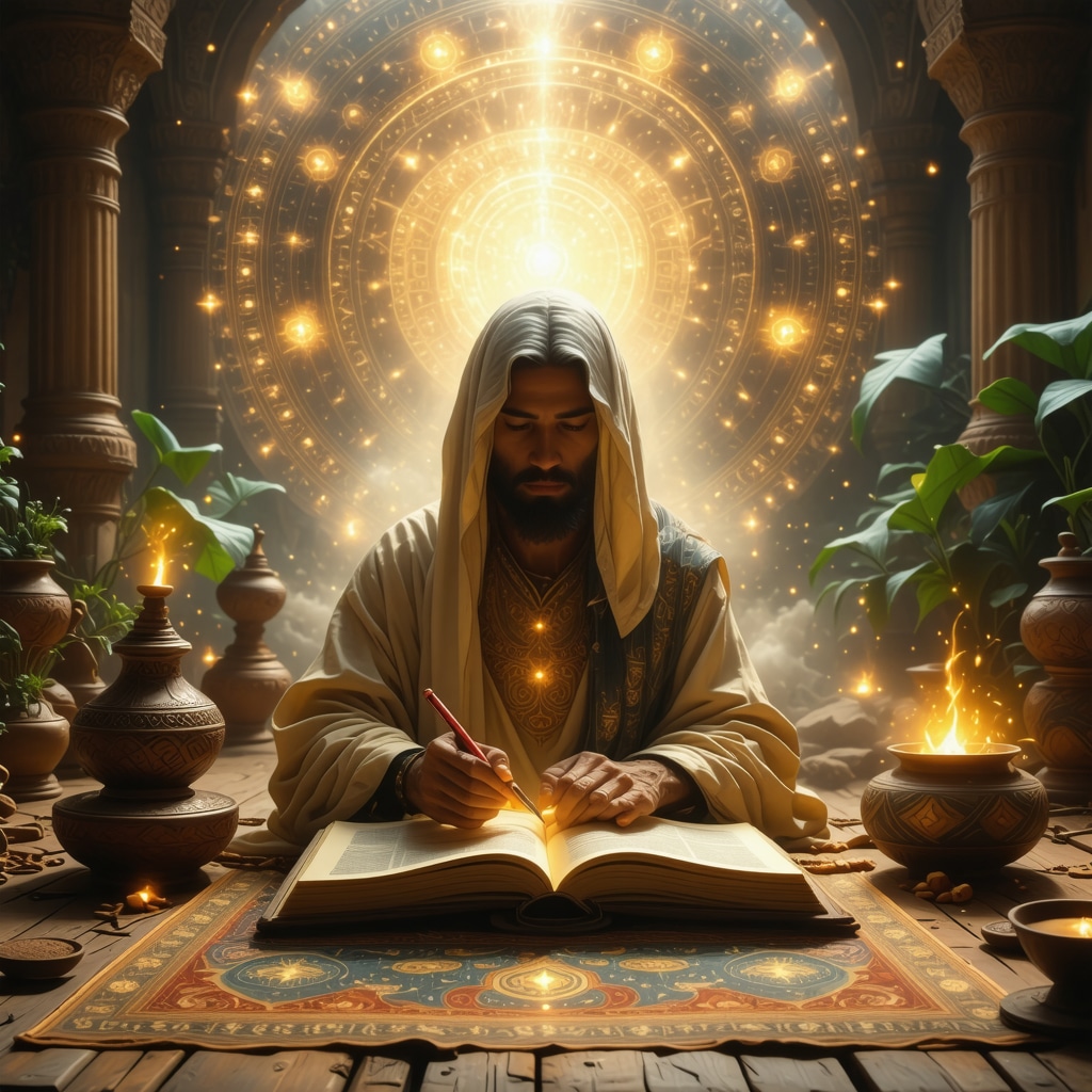 Person contemplating dream symbols with Islamic motifs and divine guidance