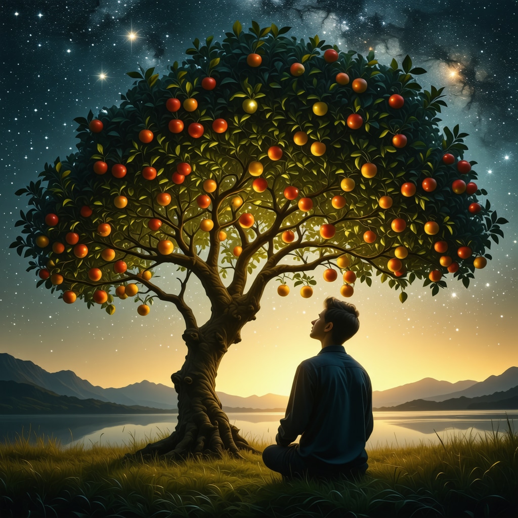 Dreamer observing glowing apple tree with colorful jabuke under starry sky symbolizing divine guidance