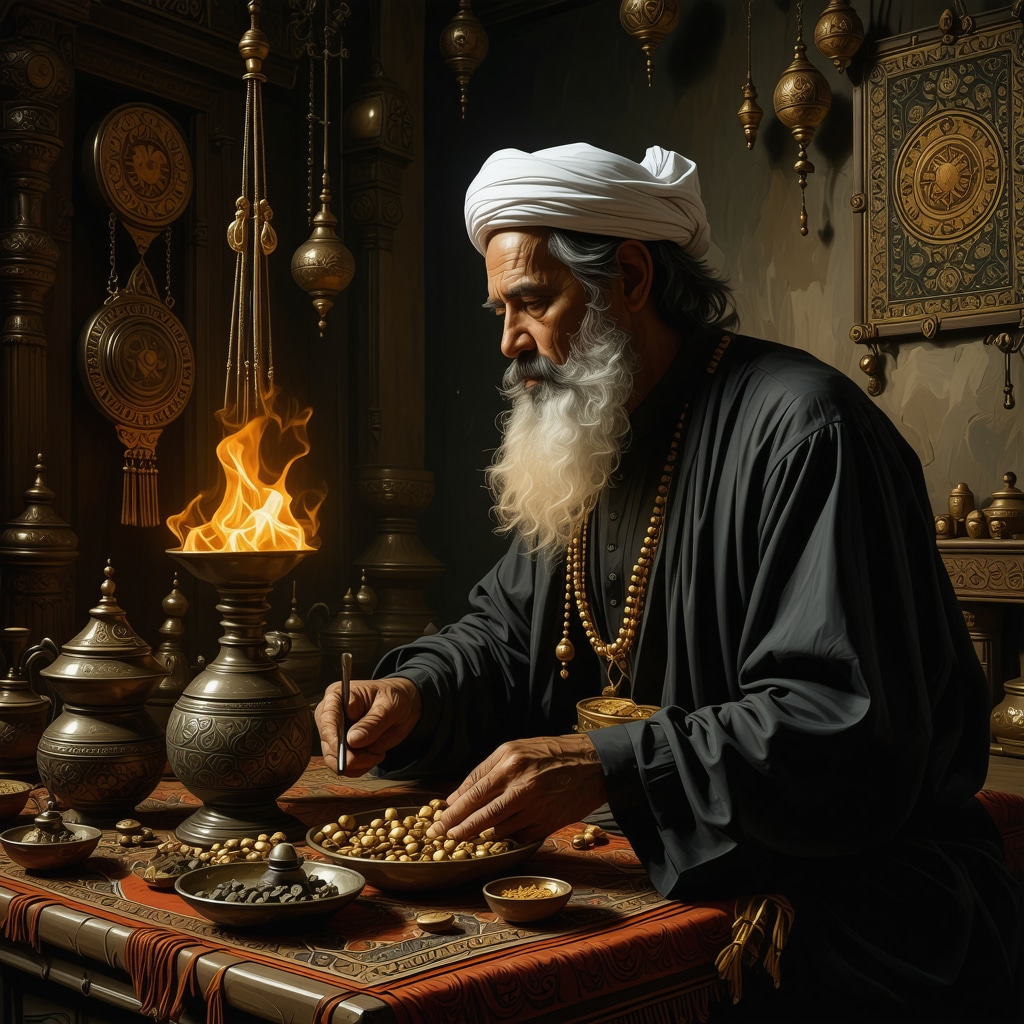 Islamic scholar studying dream symbols related to wealth in a traditional setting
