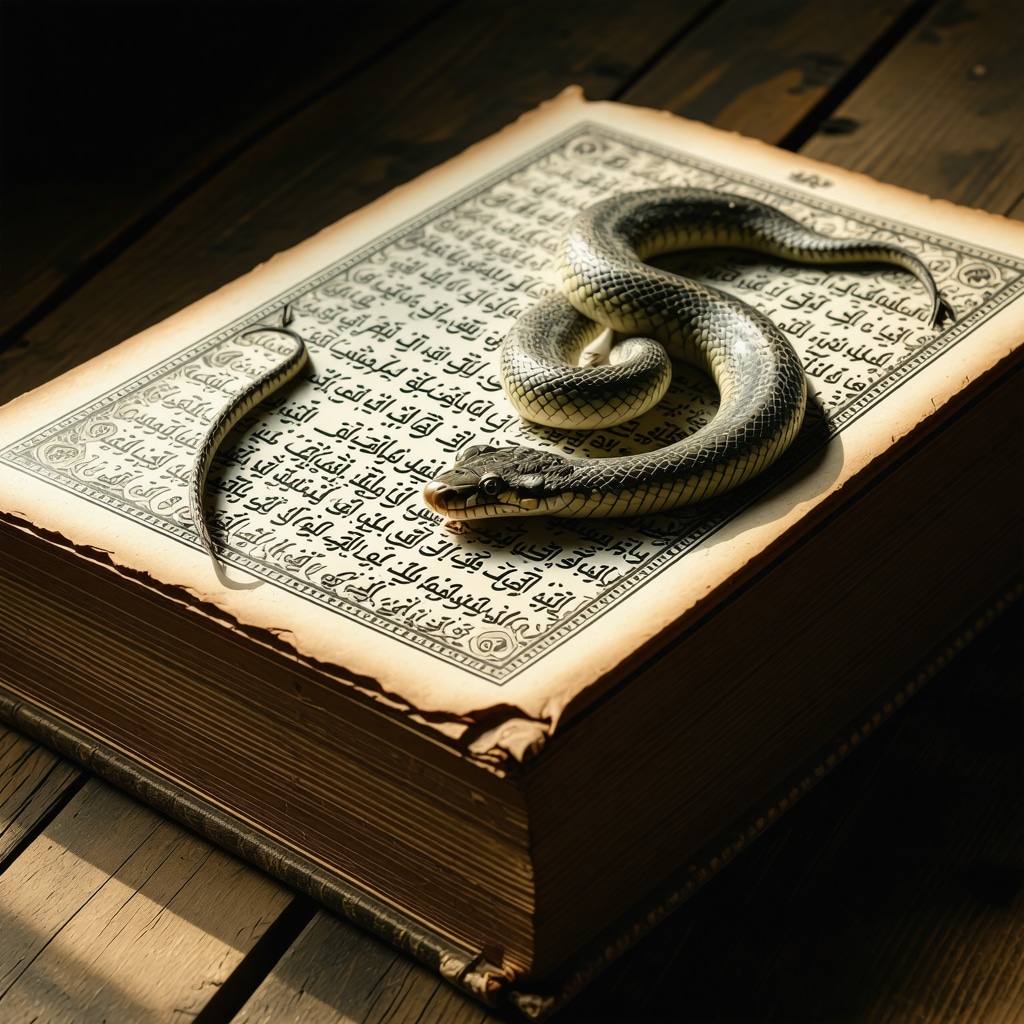 Open Islamic dream dictionary showing snake symbolism with mystical background