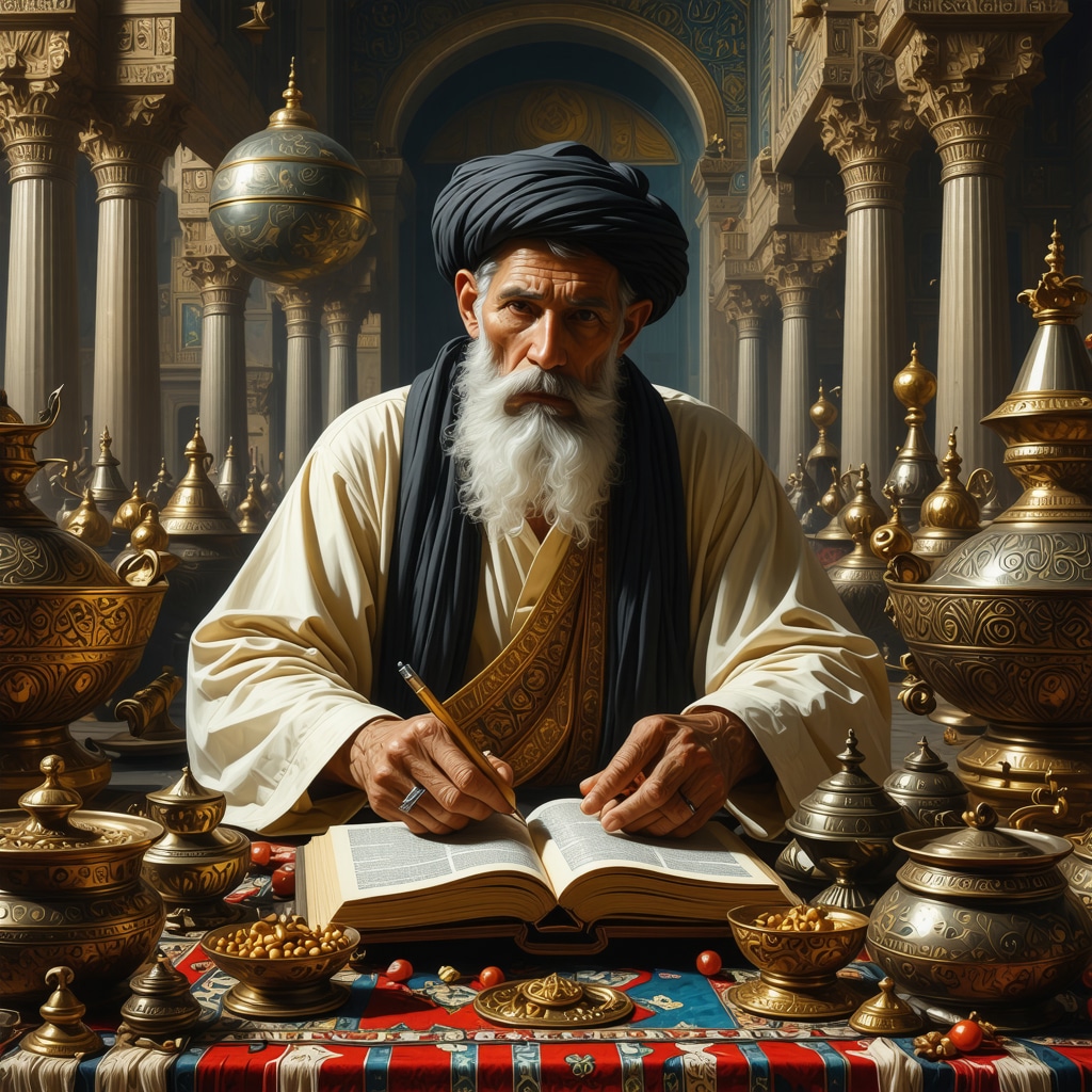 Scholarly Islamic expert analyzing dream symbolism of wealth and spirituality in traditional setting.
