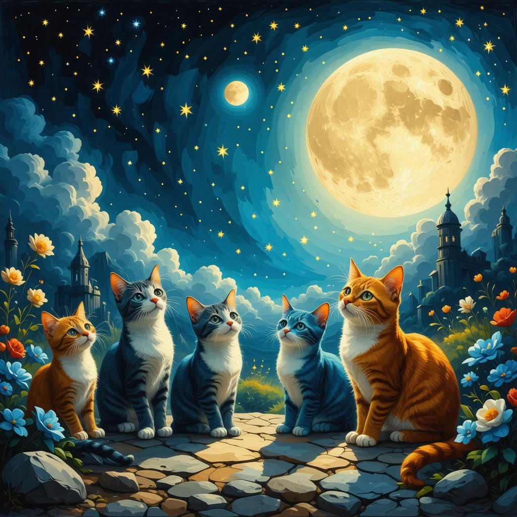 Symbolic Islamic dream scene featuring cats in various colors and poses
