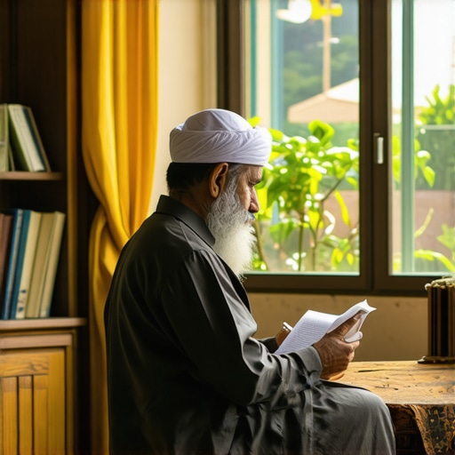 Scholar studying Islamic dream symbols and divine messages in a peaceful setting