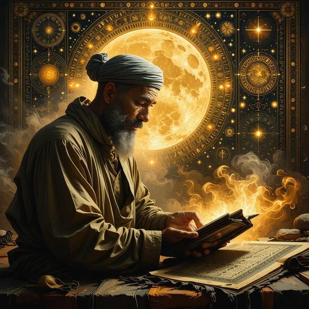 An Islamic scholar studying dreams with divine symbols and Quran in the background.