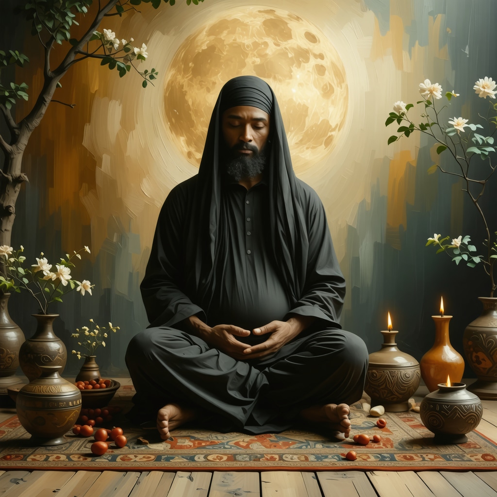 Islamic scholar surrounded by symbolic imagery of pregnancy and spirituality representing dream interpretation