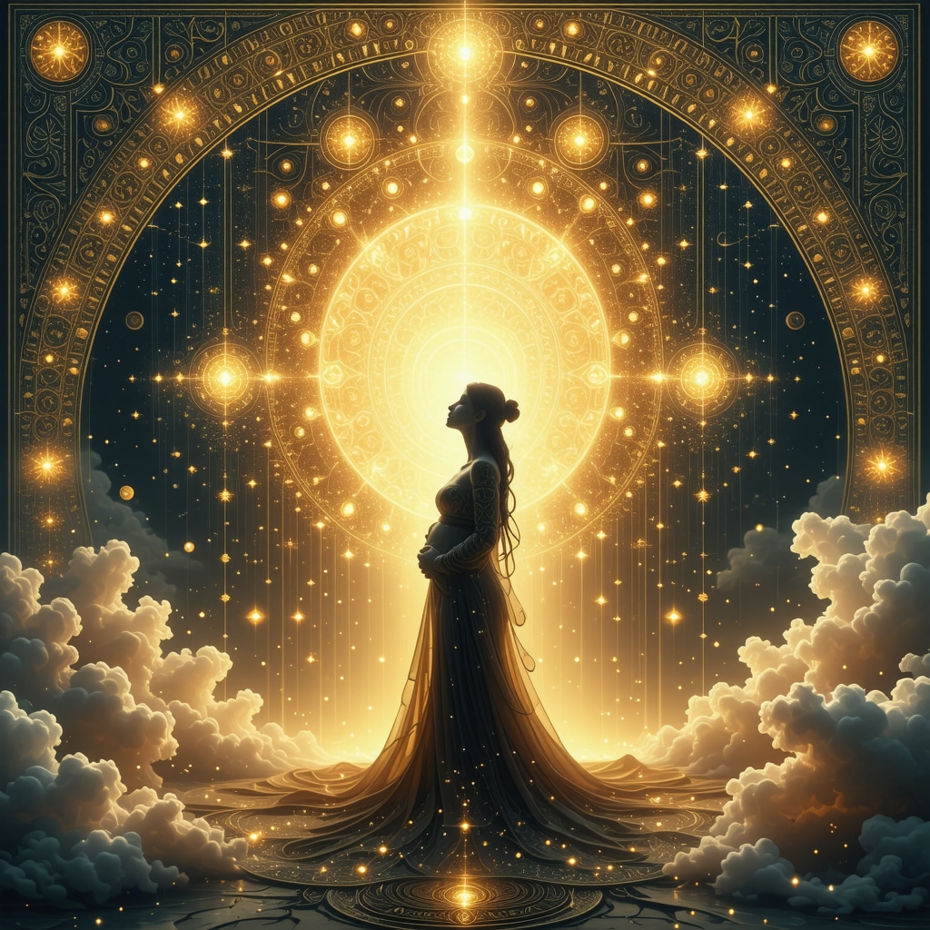 A glowing pregnant silhouette with Islamic geometric patterns and Quranic calligraphy symbolizing spiritual transformation