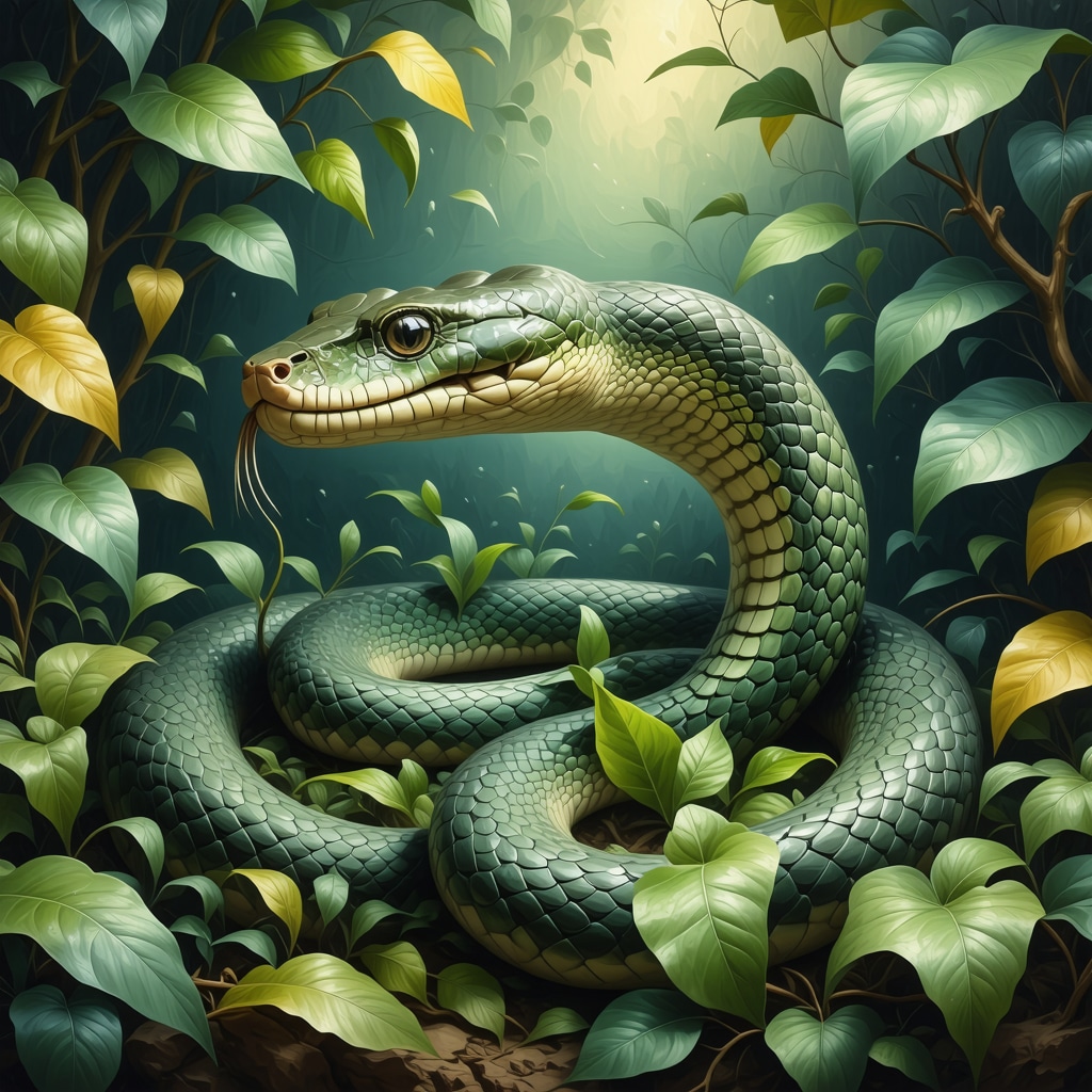A serene snake resting in a green garden, representing wisdom and spiritual growth.