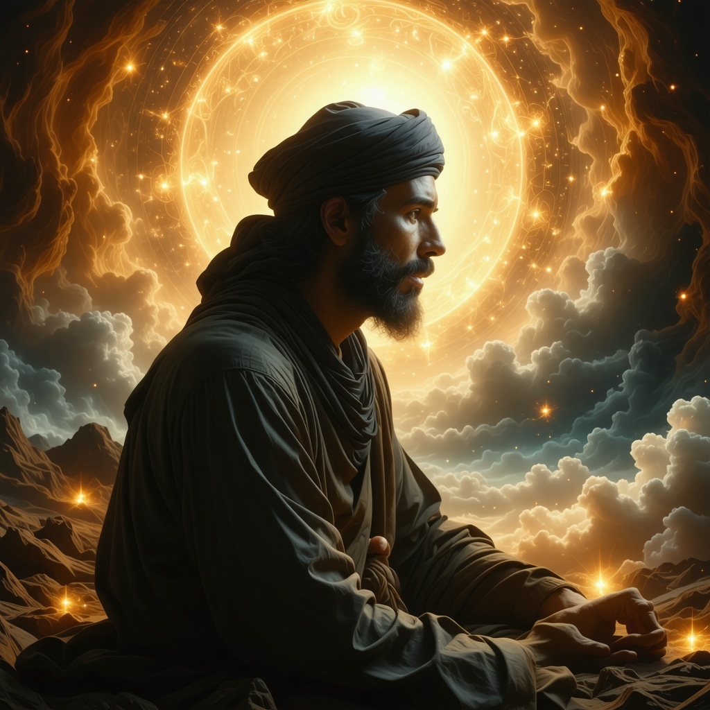 Ethereal image of Prophet Muhammad in a luminous dreamscape representing divine guidance.