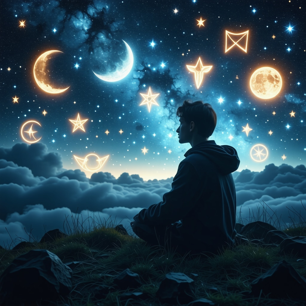 A person contemplating dream symbols at night, with spiritual and mystical elements