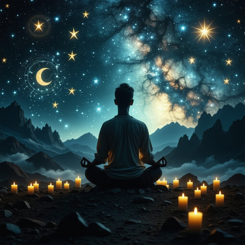 Person meditating peacefully during night with Islamic symbols surrounding