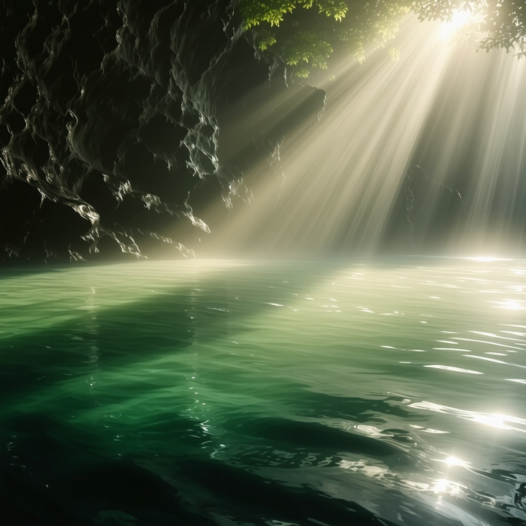 Illustration of murky water gradually turning into radiant spiritual light, representing purification in Islamic dream symbolism