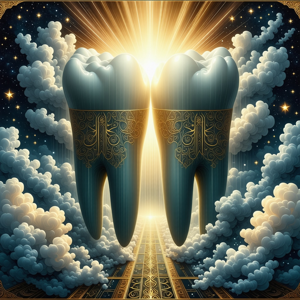 Dream illustration showing floating teeth with spiritual light and Arabic calligraphy symbolizing Islamic dream interpretation