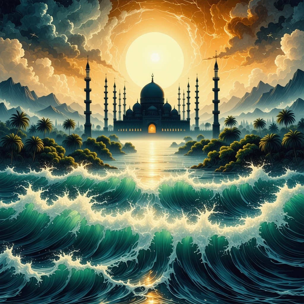 Illustration showing floodwaters blending with mosque and spiritual light symbolizing purification and divine mercy