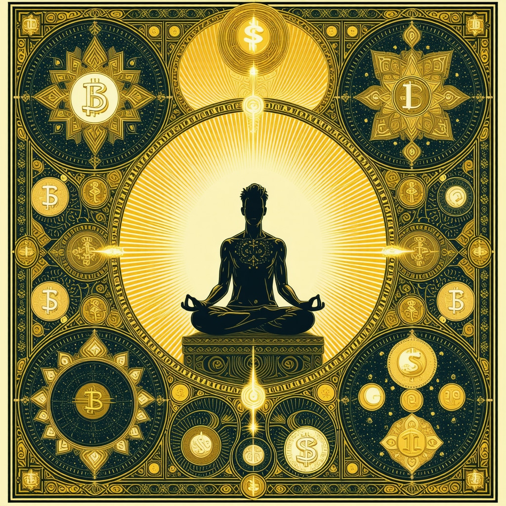 Intricate Islamic geometric patterns with symbols of money and spiritual light representing dream interpretation