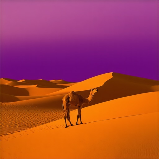 Majestic camel walking through desert under twilight sky