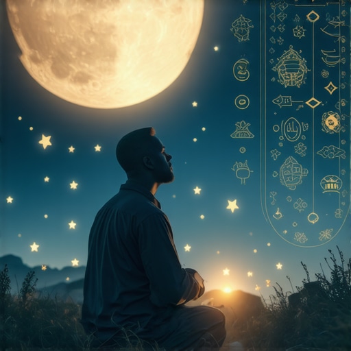 A person praying peacefully at night, surrounded by Islamic symbols representing dreams and divine guidance.