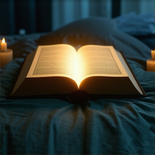 A glowing Quran in a peaceful night setting, symbolizing divine guidance in dreams.