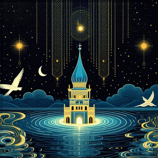 Illustration of dream symbols in Islam including water, snakes, and birds with divine elements.