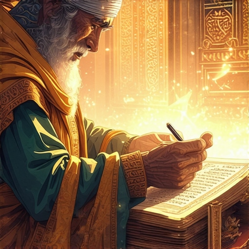 An Islamic scholar analyzing complex dream symbols with Quran and manuscripts in a mystical setting