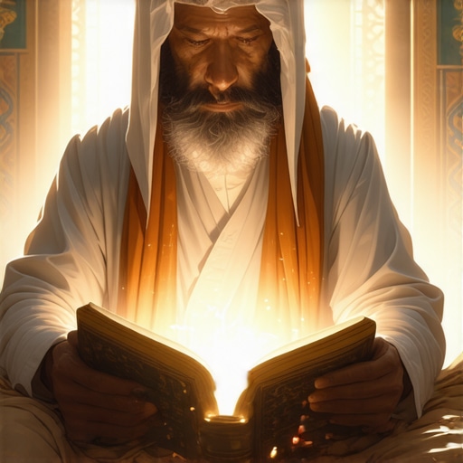 An Islamic scholar in contemplation analyzing dream symbols of joy and divine mercy in sacred texts.