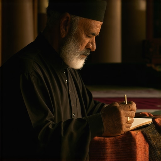 Islamic scholar studying dream symbols with traditional texts in a peaceful setting