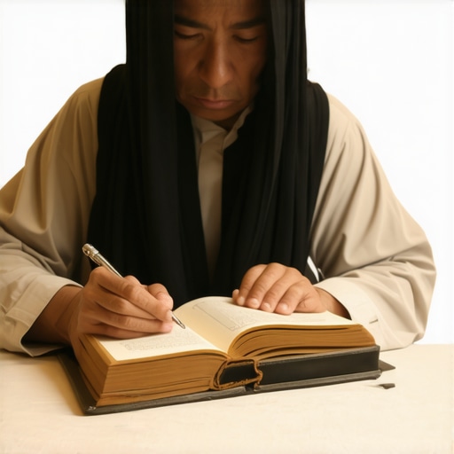 An Islamic scholar studying dream symbols with Quran and dream journal.