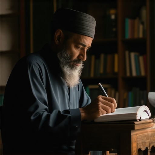 A thoughtful Islamic scholar examining dream symbols and Quranic visions in a peaceful study room