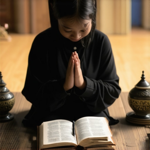 A person praying with a dream journal, surrounded by Islamic symbols, reflecting deep spiritual contemplation