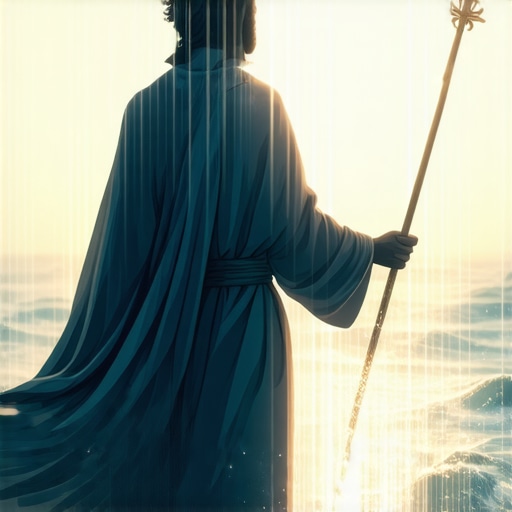 Prophet Musa holding his staff and parting the sea, illuminated by divine light, representing spiritual guidance in Islamic dreams.