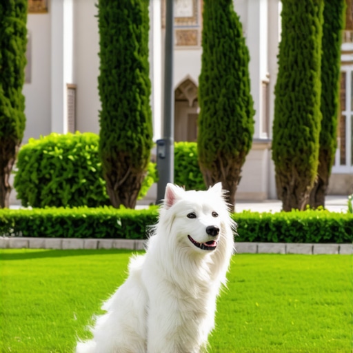 A peaceful white dog resting in a lush Islamic garden, symbolizing divine purity and protection