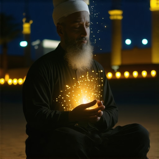 An Islamic scholar in meditation with glowing sacred symbols around