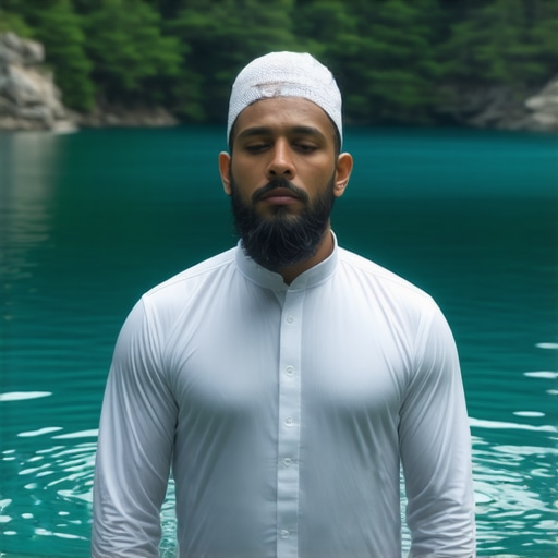 Muslim individual immersed in pure water representing divine mercy and spiritual cleansing