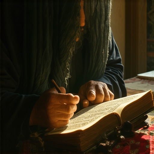 Islamic scholar analyzing dream symbols with Quran and traditional texts in a spiritual setting