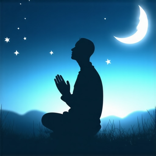 A person praying at night with symbols of divine dreams like moon and stars around