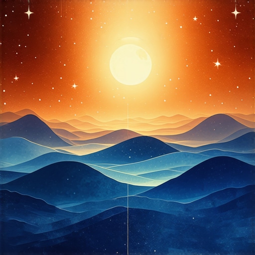 Abstract art depicting symbols of water, moon, and stars representing Islamic dream symbols