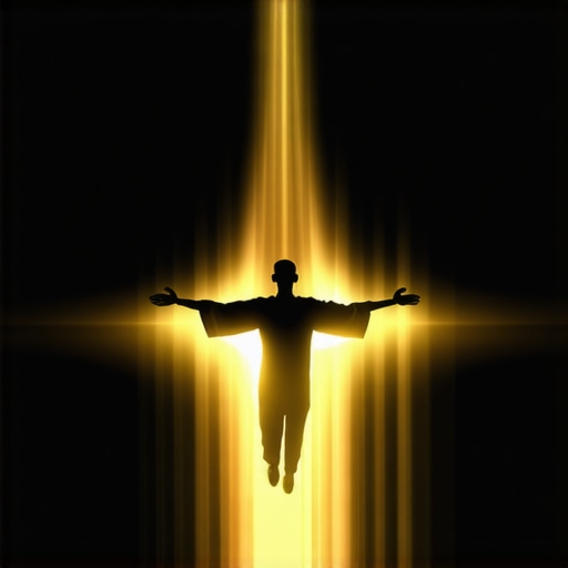 Illustration of a peaceful Islamic scene with a person flying in divine light.