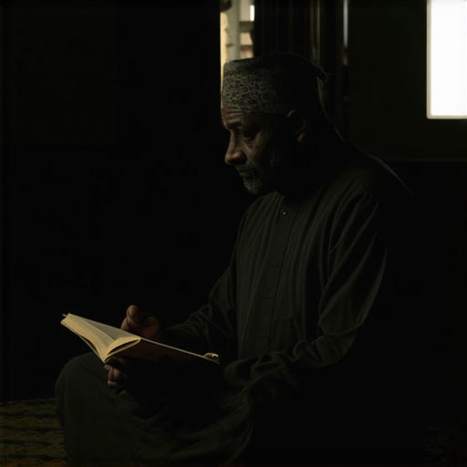 An Islamic scholar deep in prayer and reflection during a dark, serene setting, illustrating spiritual contemplation.