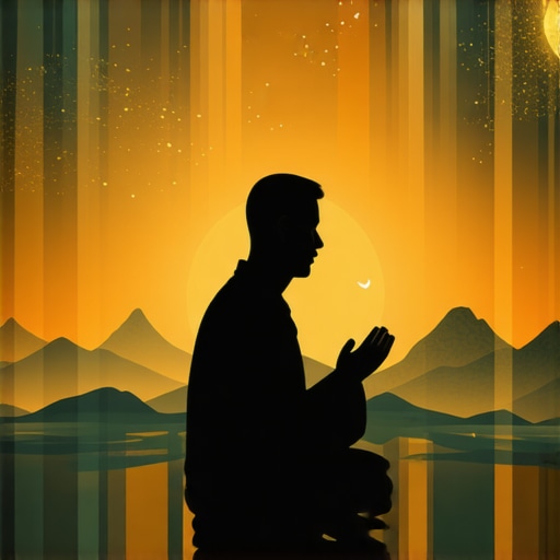 A person praying with symbolic dream elements like rivers and stars in a peaceful setting.