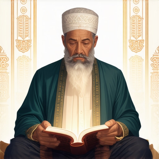 Islamic scholar reading Quran with spiritual symbols