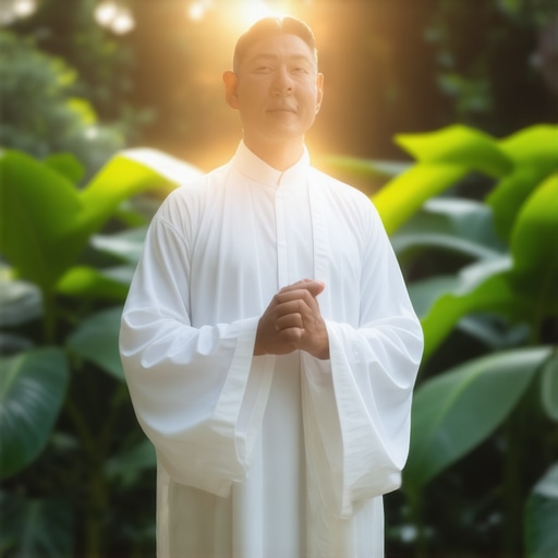 A person in white robes in a lush garden representing spiritual renewal